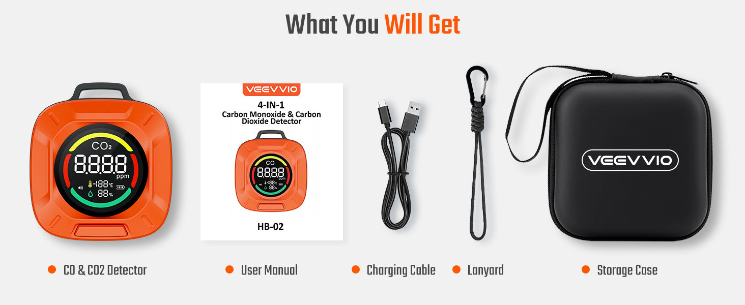 Portable 4-in-1 Carbon Monoxide and Carbon Dioxide Detector（orange）