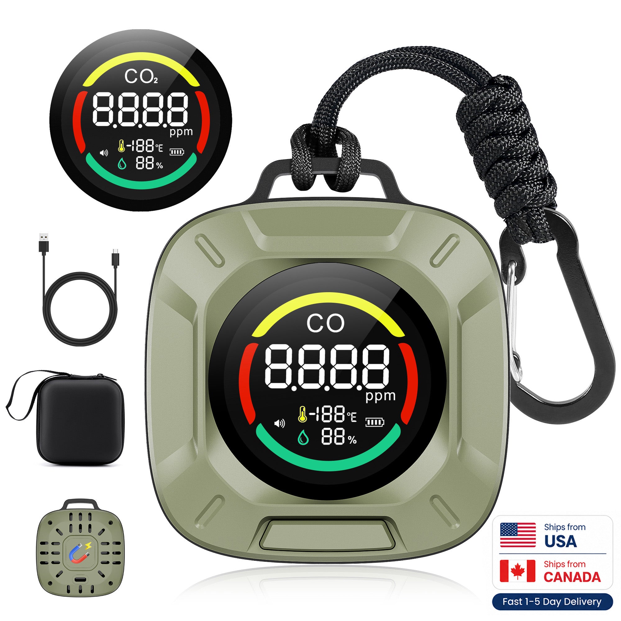 Portable 4-in-1 Carbon Monoxide and Carbon Dioxide Detector（green）