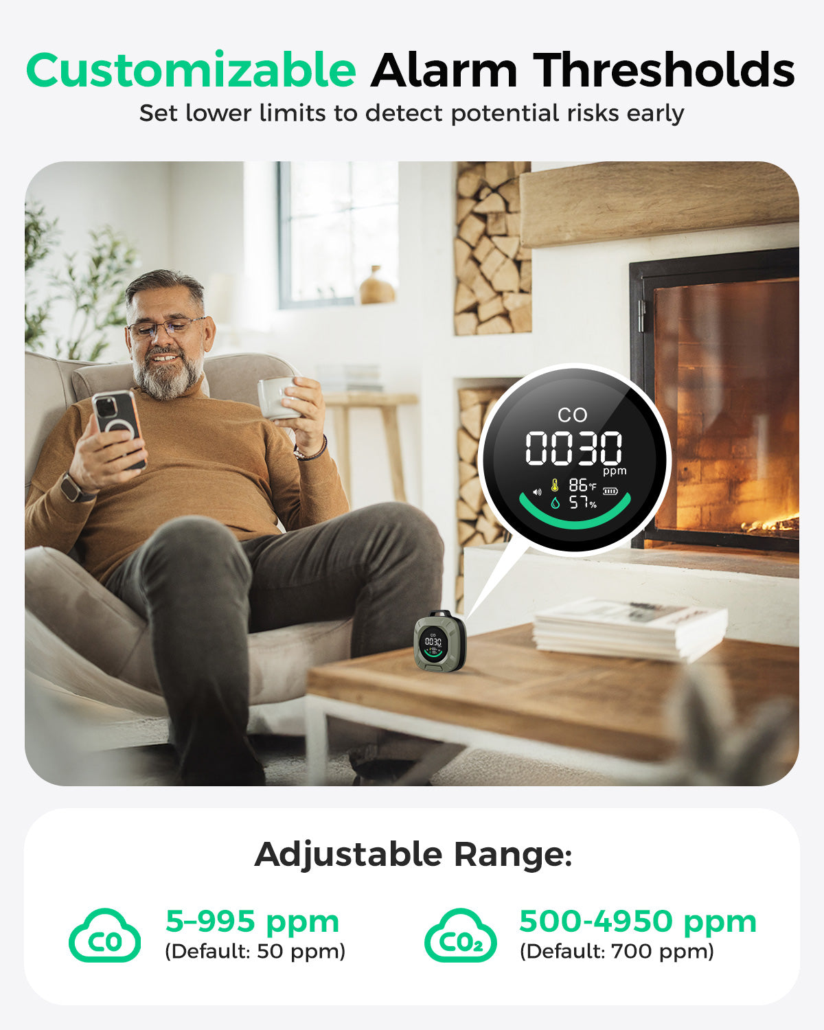 Portable 4-in-1 Carbon Monoxide and Carbon Dioxide Detector（green）