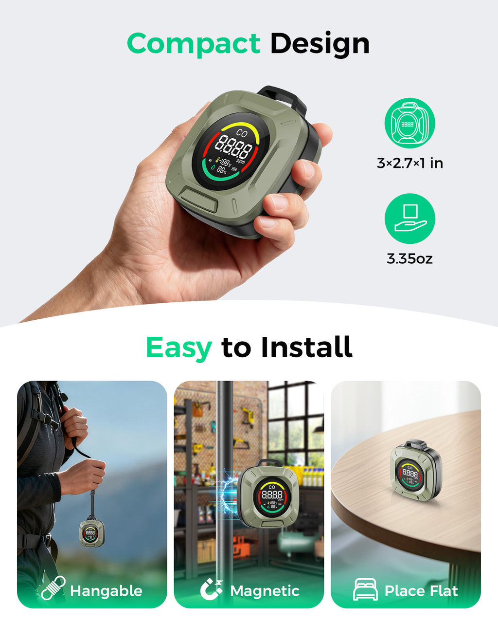 Portable 4-in-1 Carbon Monoxide and Carbon Dioxide Detector（green）